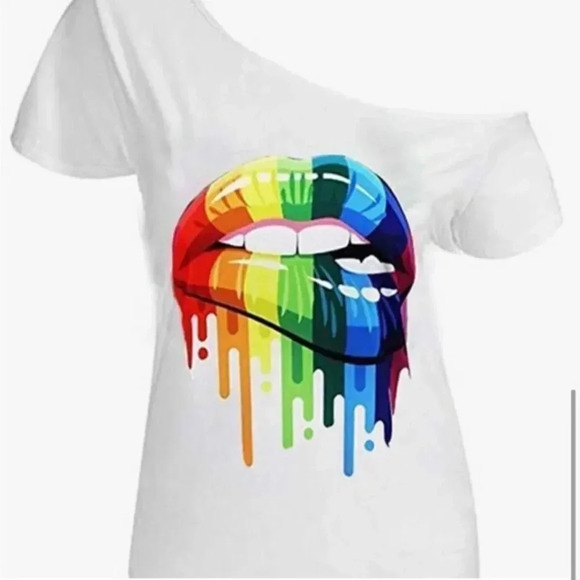 NWOT WHITE WITH RAINBOW LIPS ONESIDE CINCHED OFF ONE SHOULDERTOP SIZE 2X - Picture 12 of 15